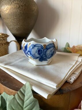Antique Blue and Gold Floral Porcelain Bowl